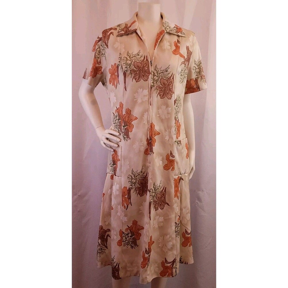 Vintage 60s 70s Handmade Women's Dress Floral Autumnal Fall Zip Pockets Costume